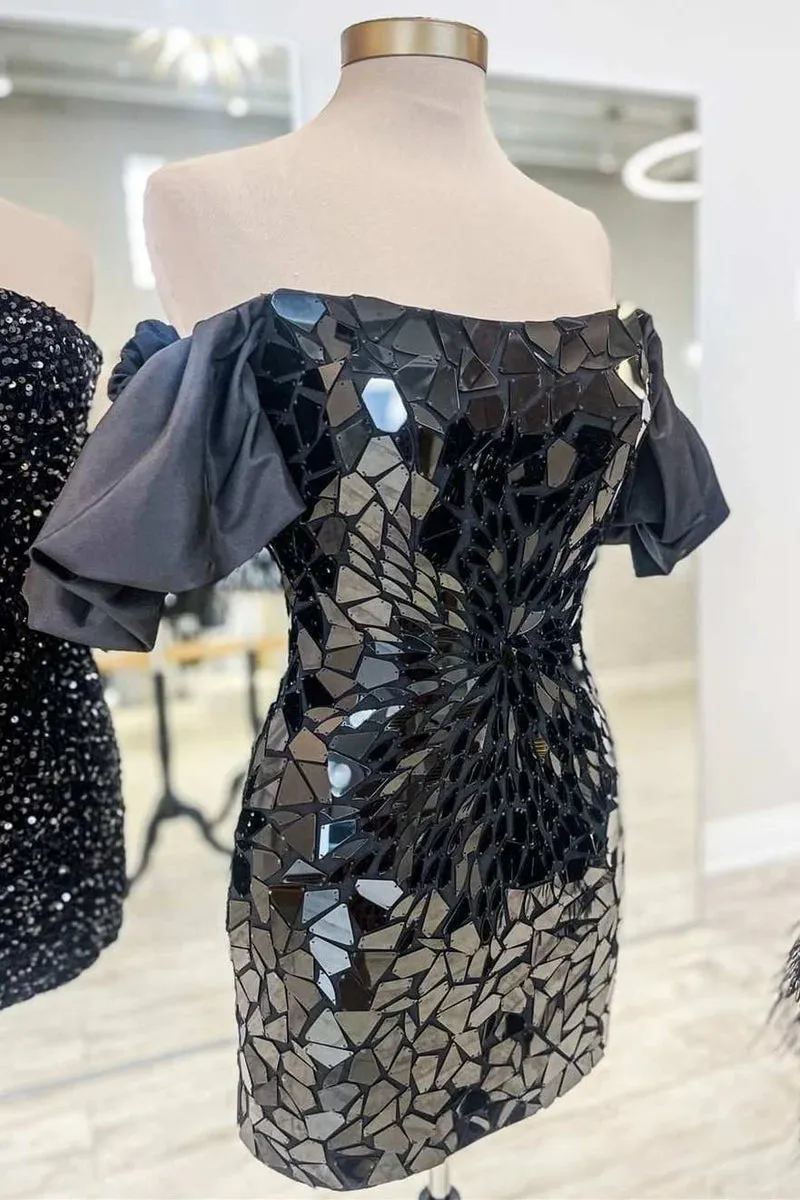 Cindy | Black Cut Glass Mirror Puff Sleeve Short Homecoming Dress sold by KissProm product image thumbnail 3