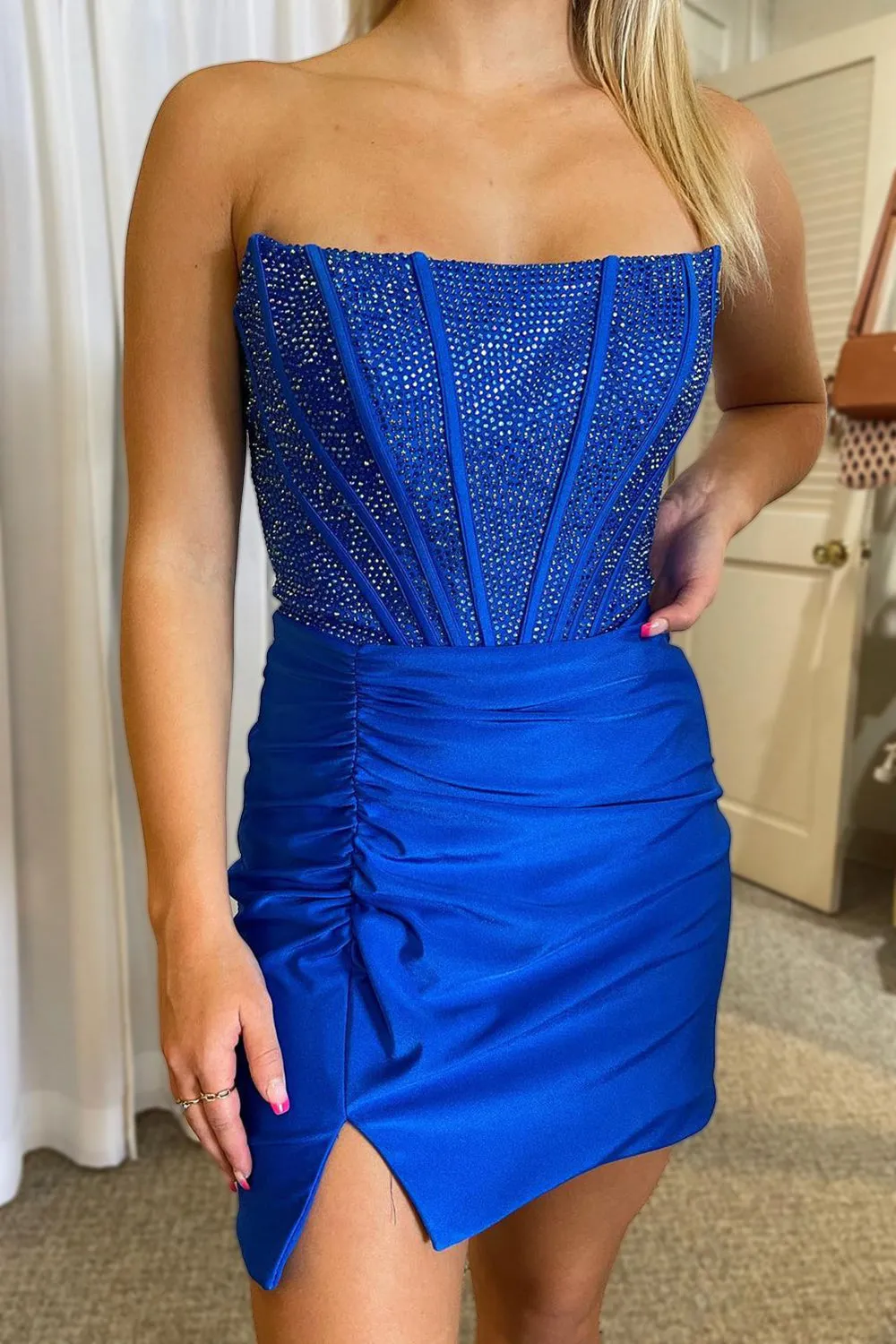 Royal Blue Strapless Beaded Tight Homecoming Dress sold by KissProm