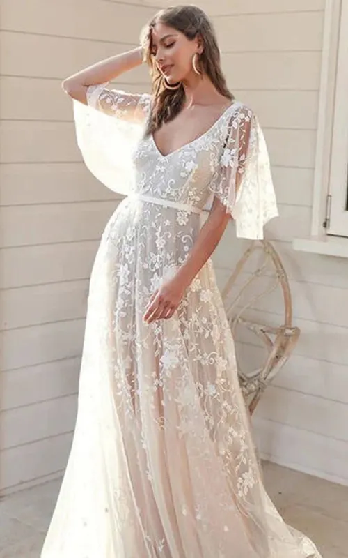A-Line Short Bell Sleeve  Wedding Dress With Garden Floral Lace Deep-V Back sold by KissProm