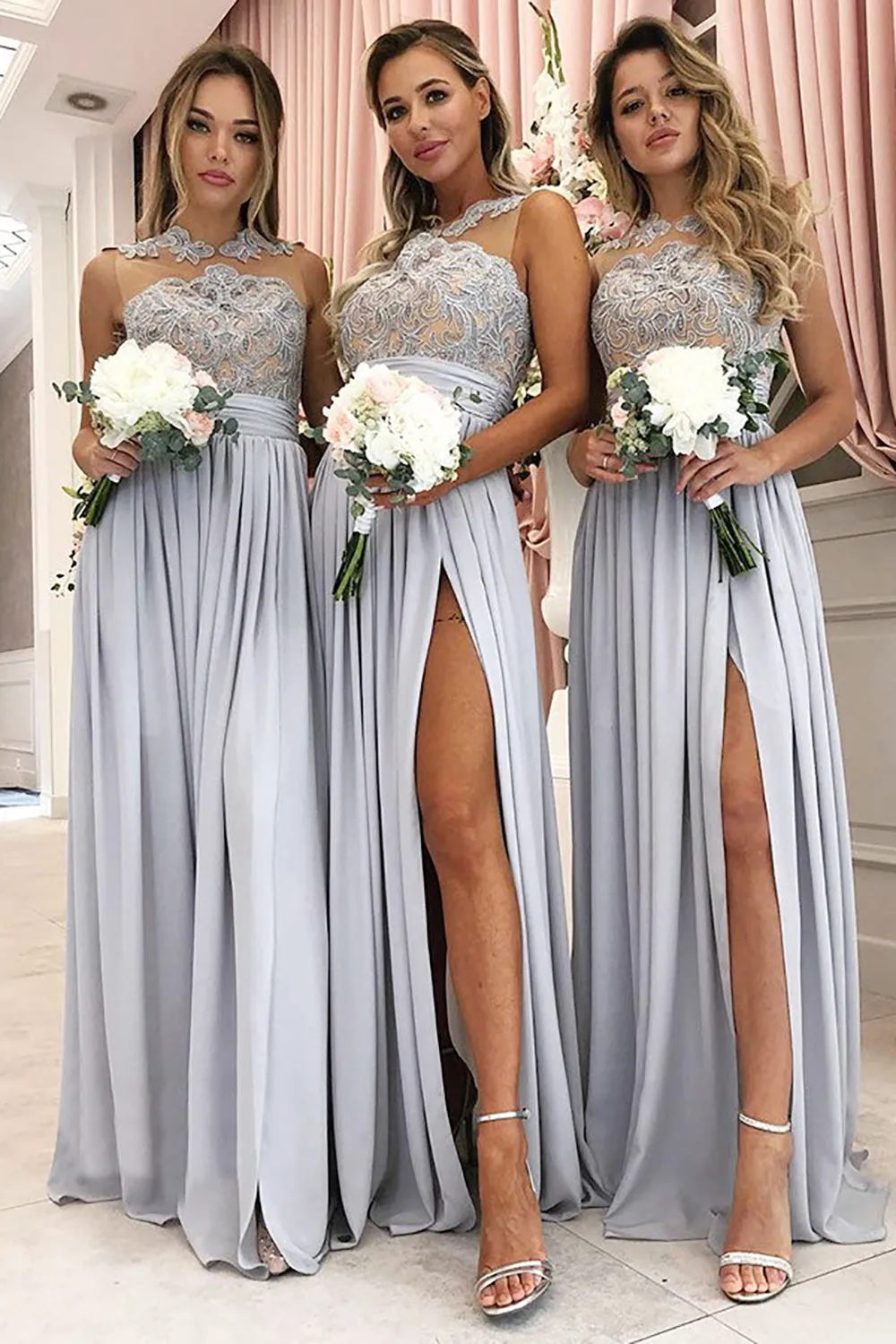 Grey A-Line Illusion Round Neck Long Chiffon Bridesmaid Dress with Lace sold by KissProm