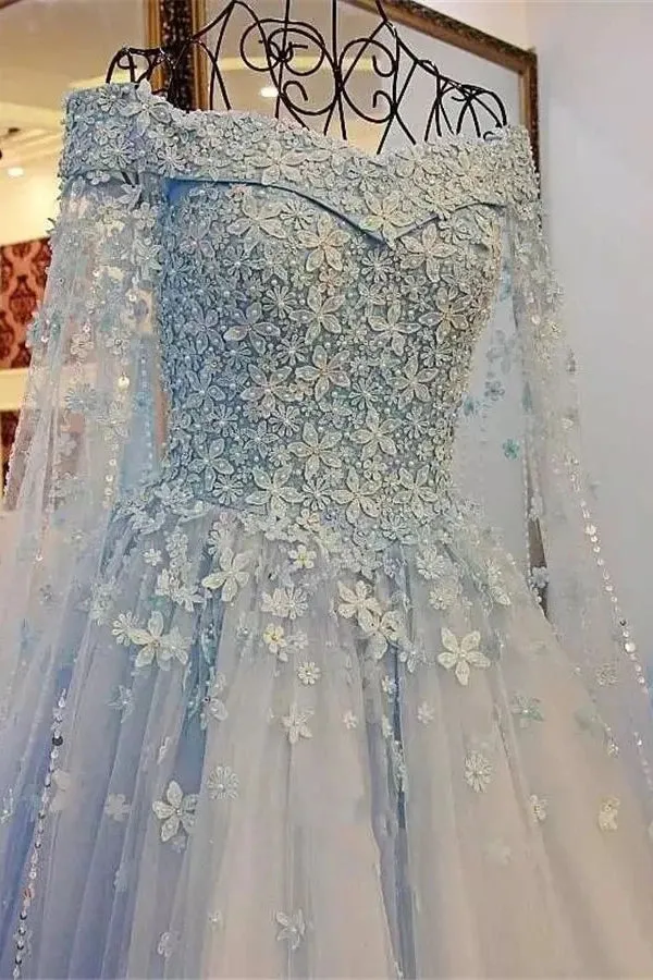 Princess Sparkly Blue A-Line Off-the-Shoulder Lace Wedding Dress Modest Unique Fairy Tied Back Bridal Gown with 3D Floral Appliques sold by KissProm product image thumbnail 3