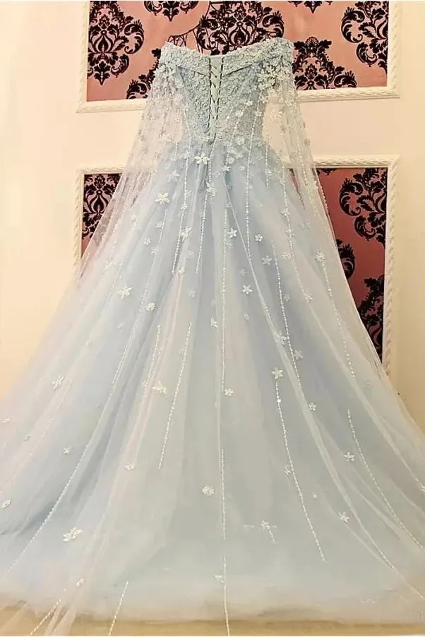 Princess Sparkly Blue A-Line Off-the-Shoulder Lace Wedding Dress Modest Unique Fairy Tied Back Bridal Gown with 3D Floral Appliques sold by KissProm product image thumbnail 2