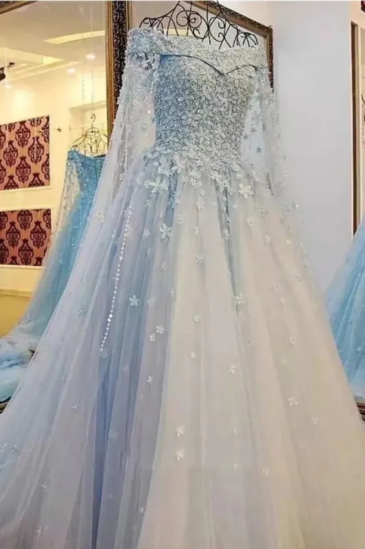 Princess Sparkly Blue A-Line Off-the-Shoulder Lace Wedding Dress Modest Unique Fairy Tied Back Bridal Gown with 3D Floral Appliques sold by KissProm