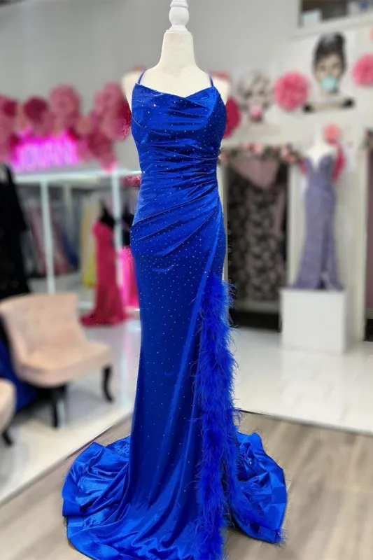 Vickie | Royal Blue Cowl Neck Rhinestones Long Prom Dress with Feather-Trimmed Slit sold by KissProm