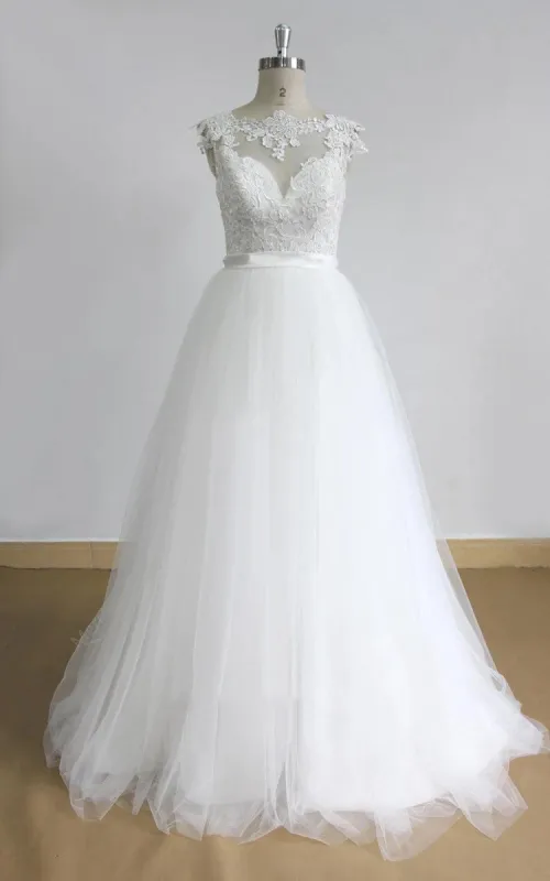 White A Line Lace Appliques Covered-Button Sleeveless Tulle Wedding Dresses sold by KissProm