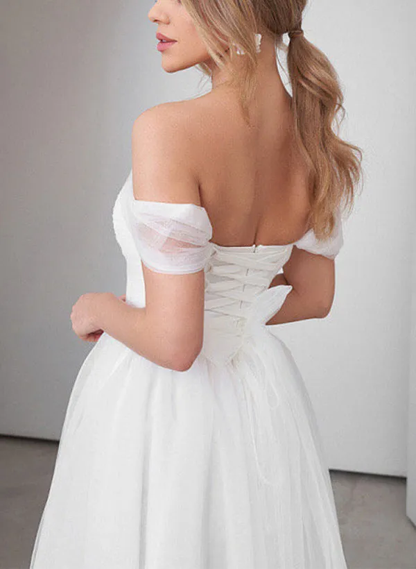 Sweet A-Line Off-The-Shoulder Little White Tulle Wedding Dresses sold by KissProm product image thumbnail 2