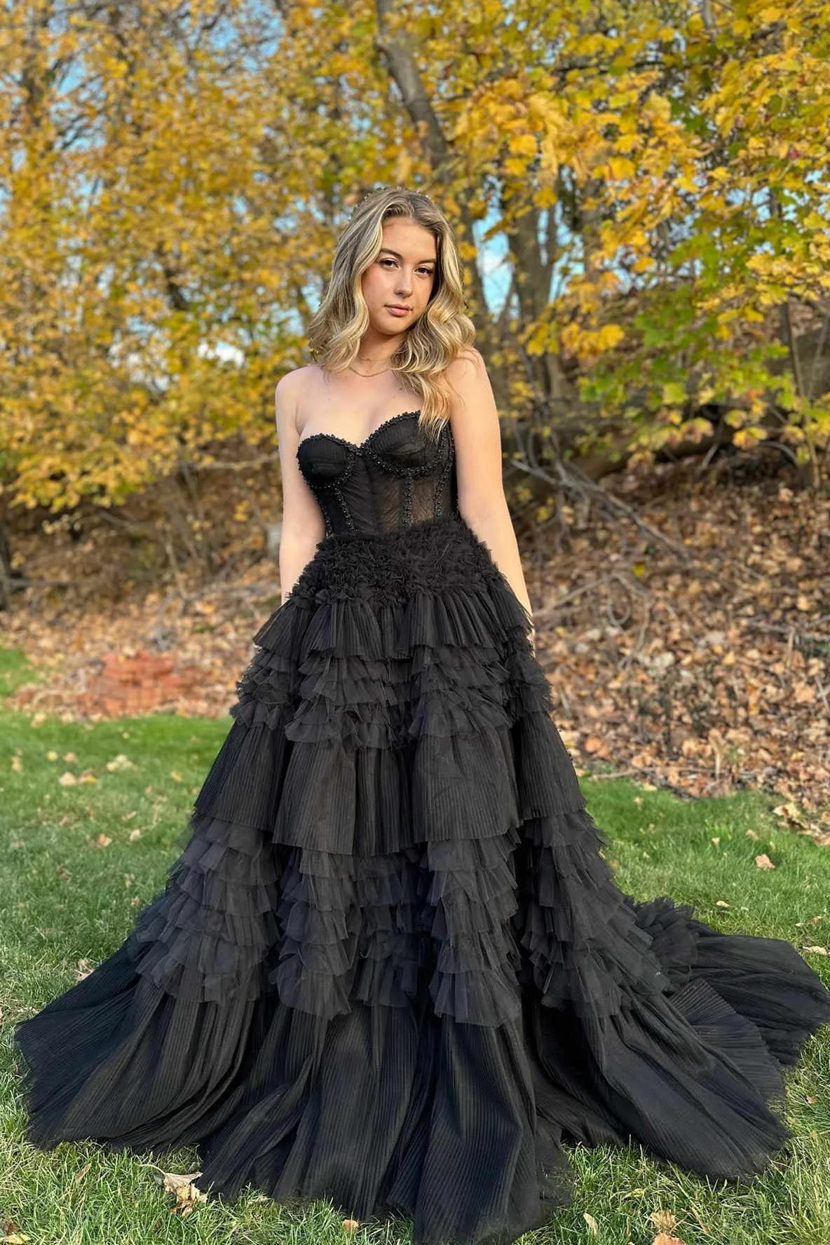 Marjorie | Black Sweetheart Beaded Tiered A-Line Formal Dress sold by KissProm product image thumbnail 2