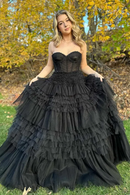 Marjorie | Black Sweetheart Beaded Tiered A-Line Formal Dress sold by KissProm