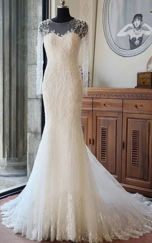Illusion Scoop-Neck Long Sleeve Mermaid Wedding Dress With Beading And Chapel Train sold by KissProm