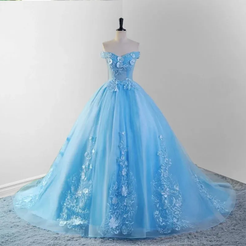 Sky Blue Lace Dress 3D Flowers Quinceanera Dresses with Train sold by KissProm