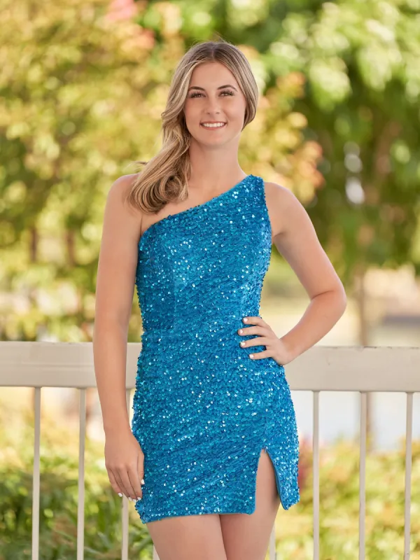 Faustina | Sheath One Shoulder Blue Sequin Homecoming Dress With Slit sold by KissProm