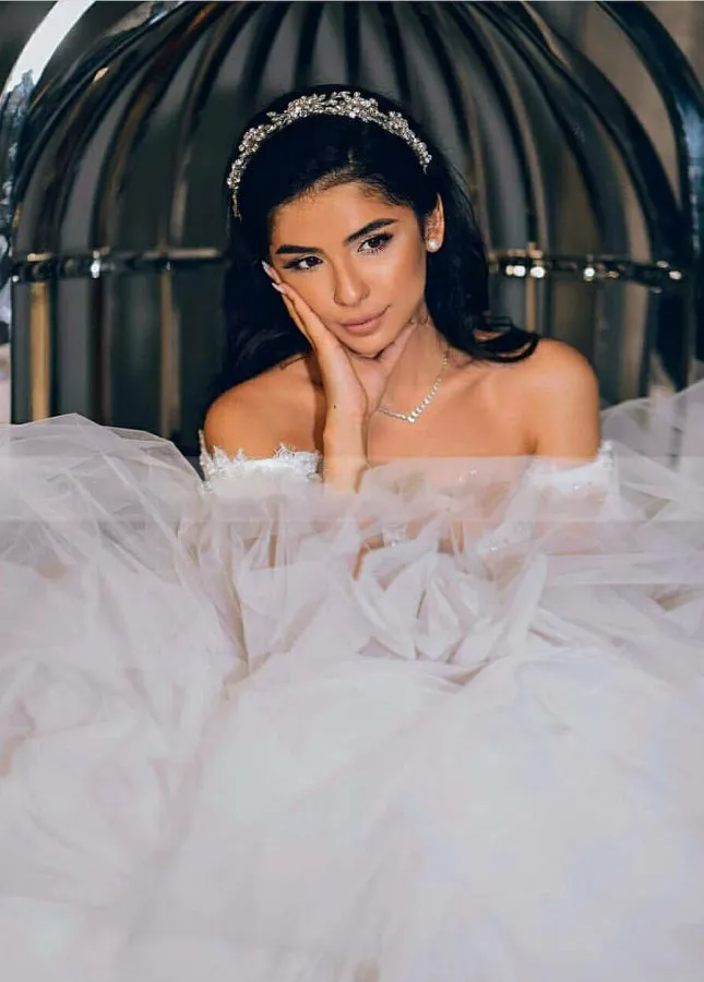 Sleeveless Beading Off-the-Shoulder Ball Gown Wedding Dress with Train sold by KissProm