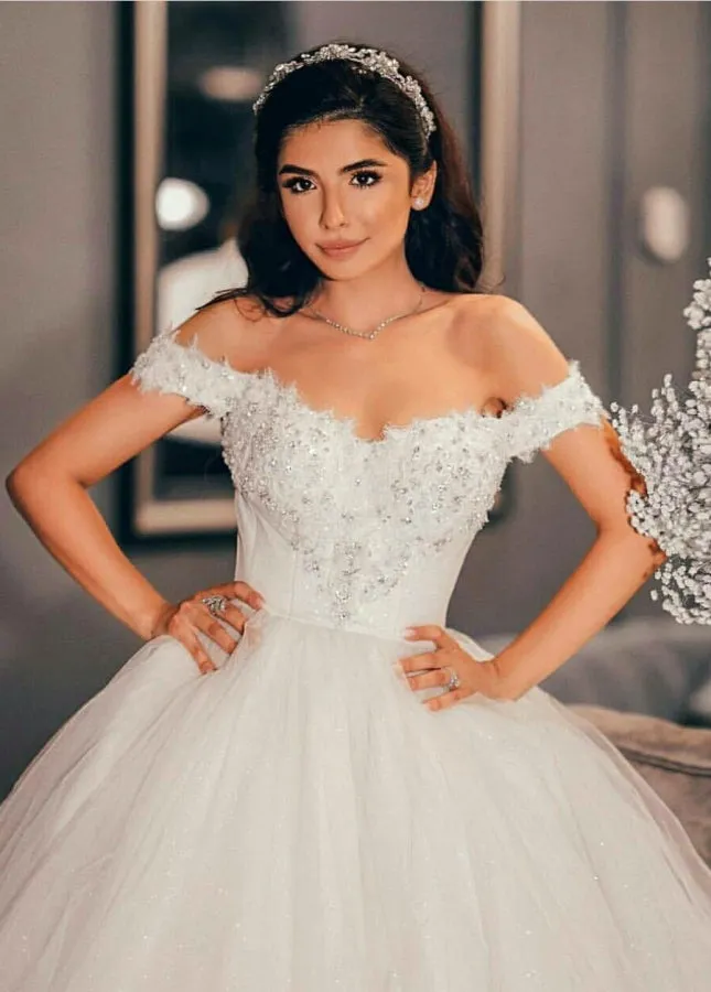 Sleeveless Beading Off-the-Shoulder Ball Gown Wedding Dress with Train sold by KissProm product image thumbnail 2