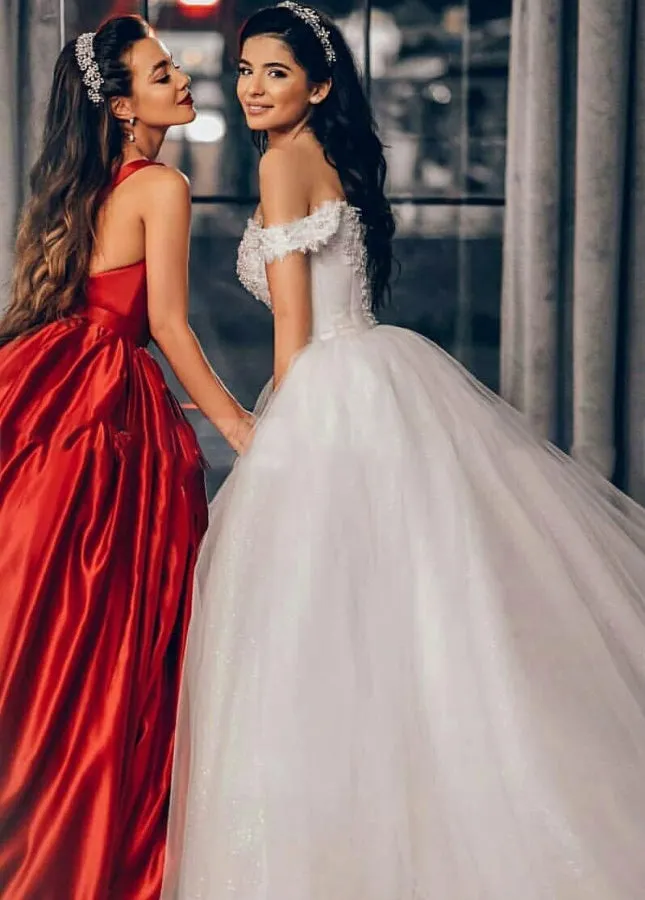 Sleeveless Beading Off-the-Shoulder Ball Gown Wedding Dress with Train sold by KissProm product image thumbnail 5