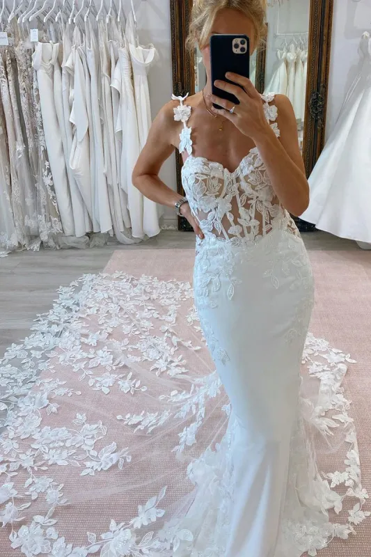 Mermaid Sweetheart Floral Straps Satin Wedding Dresses with Appliques sold by KissProm