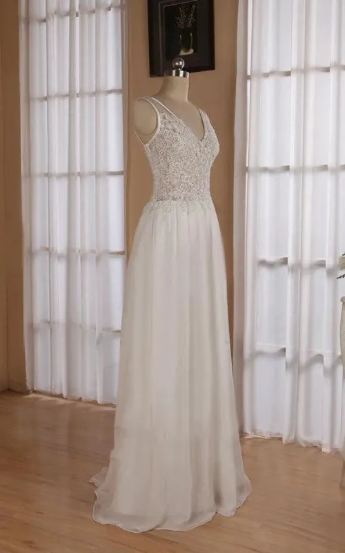 V-Neck Sleeveless Backless Floor-Length Chiffon Wedding Dress With Sequins sold by KissProm