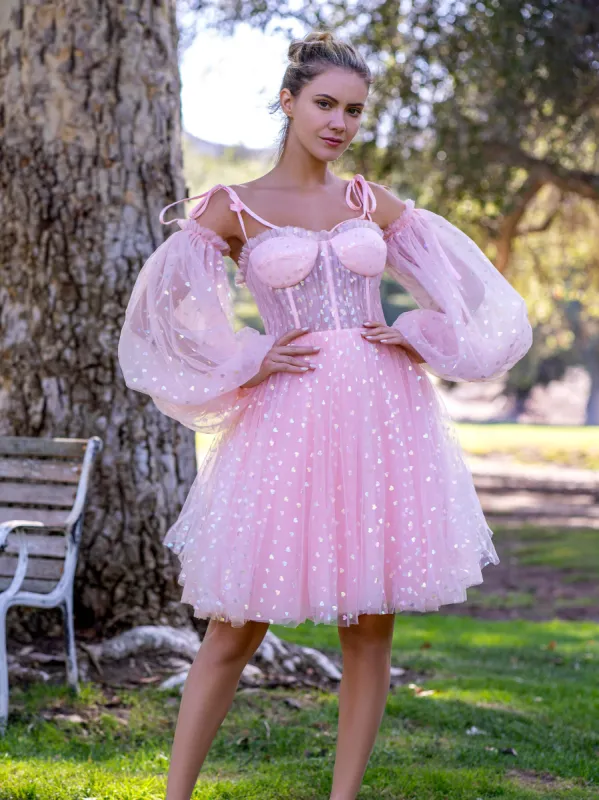Corset Glitter Hearts Above Knee Length Tulle Dress sold by KissProm