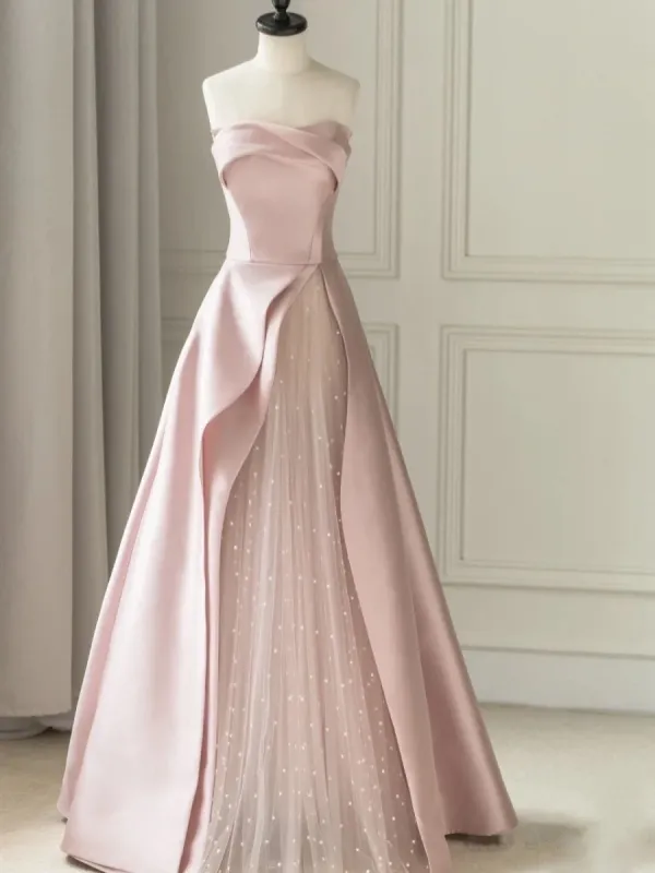 Sleeveless Satin A-Line Floor-Length Evening Gown Slit with Tulle Strapless Prom Dress sold by KissProm