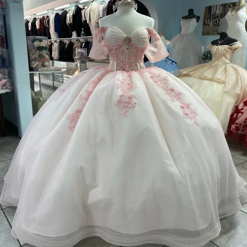 Ball-Gown Tulle Light Pink Off-the-Shoulder Quinceanera Dress with Appliques sold by KissProm