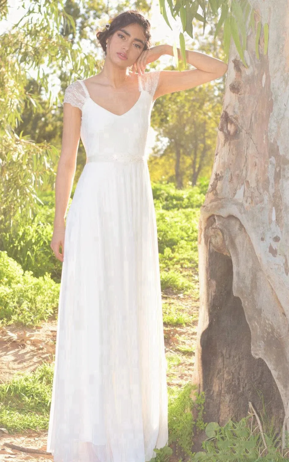 V-Neck Cap Sleeve Long A-Line Chiffon Wedding Dress With Beading sold by KissProm product image thumbnail 3