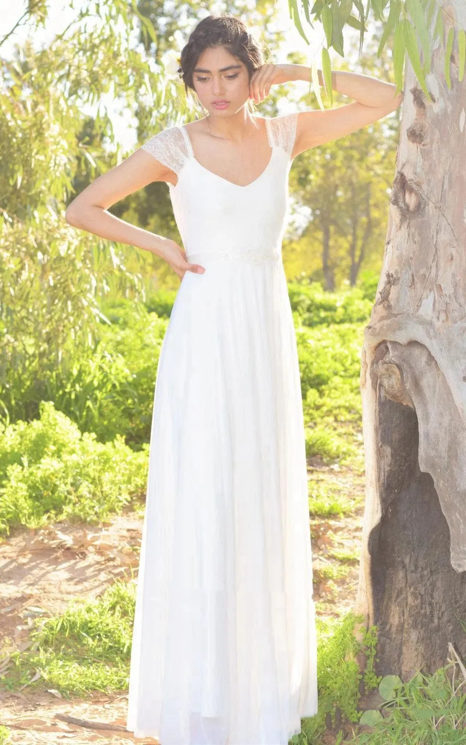 V-Neck Cap Sleeve Long A-Line Chiffon Wedding Dress With Beading sold by KissProm