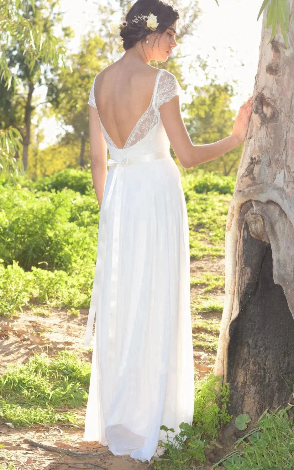 V-Neck Cap Sleeve Long A-Line Chiffon Wedding Dress With Beading sold by KissProm product image thumbnail 2