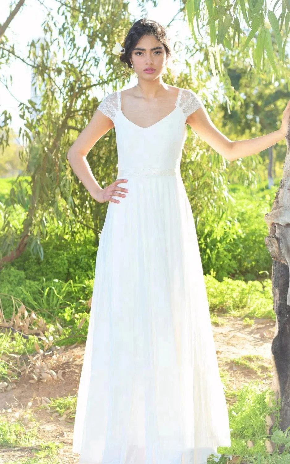 V-Neck Cap Sleeve Long A-Line Chiffon Wedding Dress With Beading sold by KissProm product image thumbnail 5