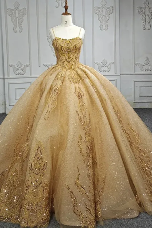Quinceanera Dress Gold Beading Formal Long Evening Dress Spaghetti Straps Ball Gown sold by KissProm