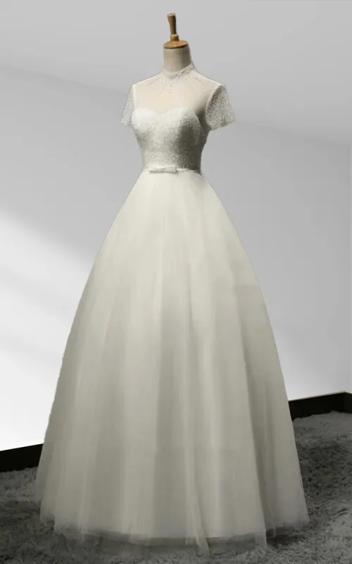 High Neck A-line Tulle Short Sleeves Lace-Up Backless Beading Wedding Dress sold by KissProm
