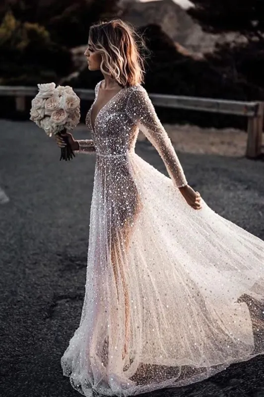 Frayah | Bohemian A-Line Sparkly Sequined Luxury Wedding Dresses sold by KissProm