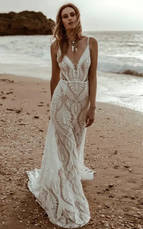 Trasy | Beach Floral Mermaid Plunging Boho Lace Wedding Dress with Sweep Train sold by KissProm