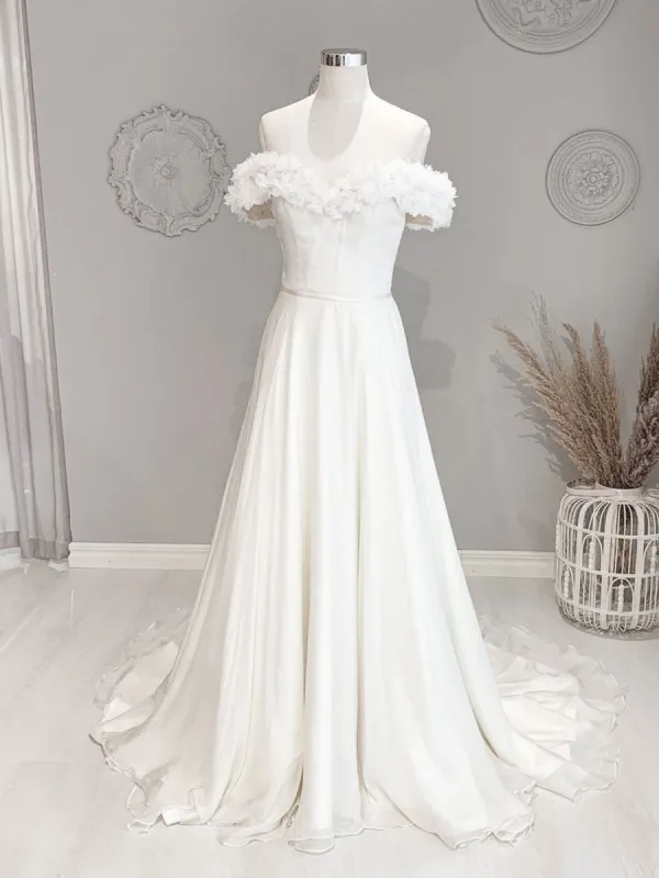 White Off Shoulder Flowers Long Beach Wedding Dress sold by KissProm