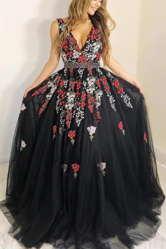 Susie | Princess A-line Black Long Prom Dress with Embroidery sold by KissProm