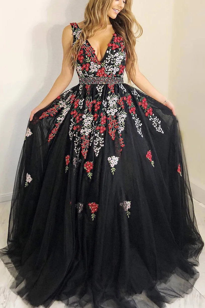 Susie | Princess A-line Black Long Prom Dress with Embroidery sold by KissProm