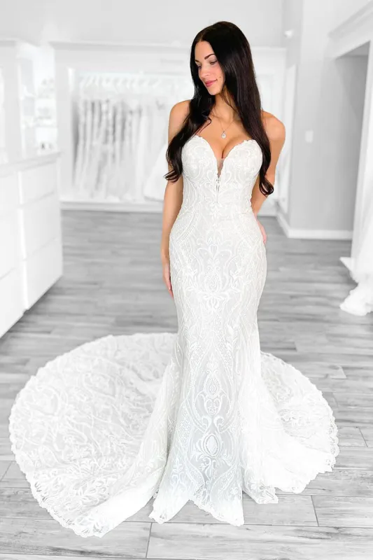 Mermaid Strapless White Lace Wedding Dresses sold by KissProm