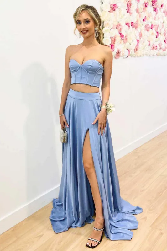 Periwinkle Two-Piece Strapless A-Line Long Prom Gown sold by KissProm