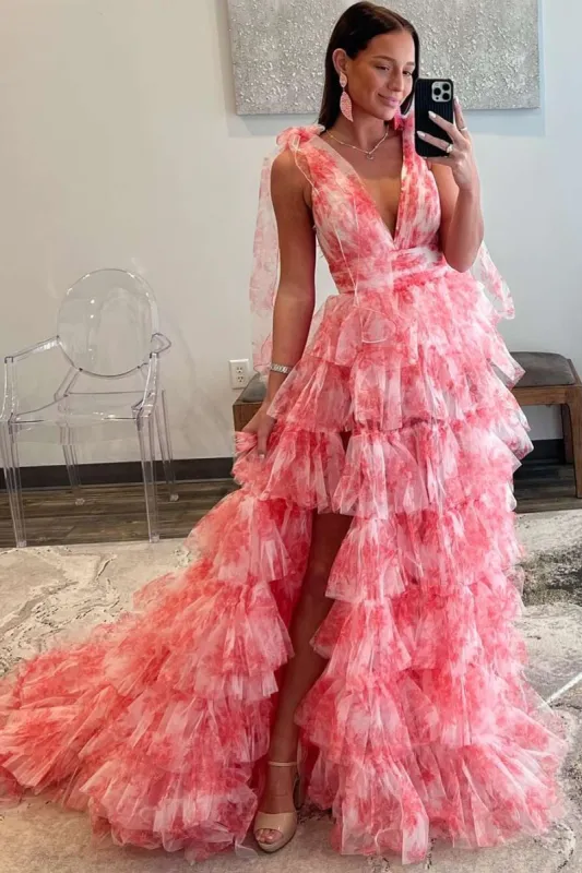 Kylee | V-Neck Tie Straps Red Floral Print Layered Long Prom Dress sold by KissProm