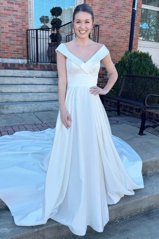 White V-Neck High-Waist A-Line Long Wedding Dress sold by KissProm