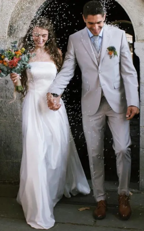 Casual A-Line Strapless Satin Garden Wedding Dress With Backless And Illusion Sleeves sold by KissProm