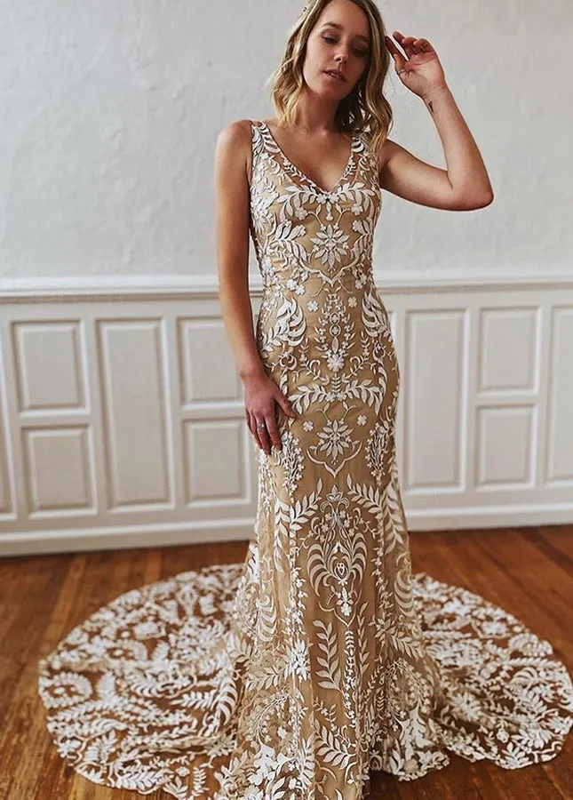 Boho Lace Open Back Sleeveless Appliqued Beach Sexy Wedding Dress sold by KissProm