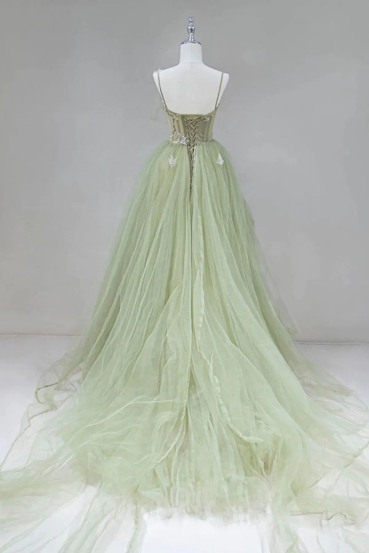 A Line Corset Back Sage Green Tulle Long Dresses sold by KissProm product image thumbnail 4