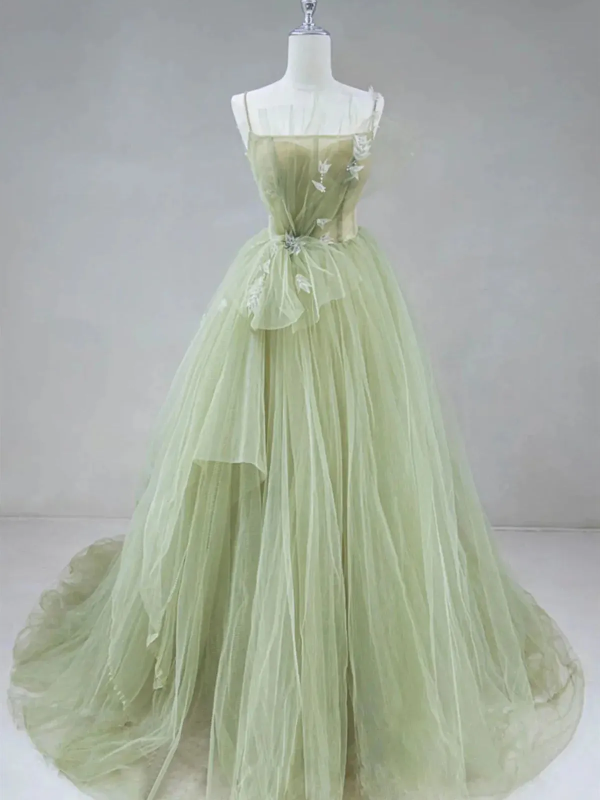 A Line Corset Back Sage Green Tulle Long Dresses sold by KissProm