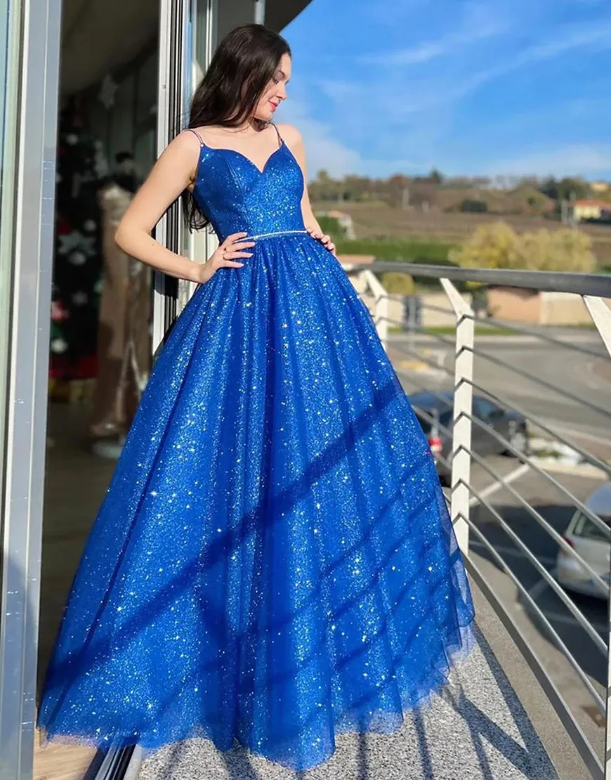 Tracy | Royal Blue Sparkly A Line Spaghetti Straps Long Prom Dress sold by KissProm product image thumbnail 3