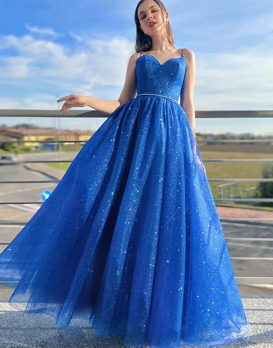 Tracy | Royal Blue Sparkly A Line Spaghetti Straps Long Prom Dress sold by KissProm