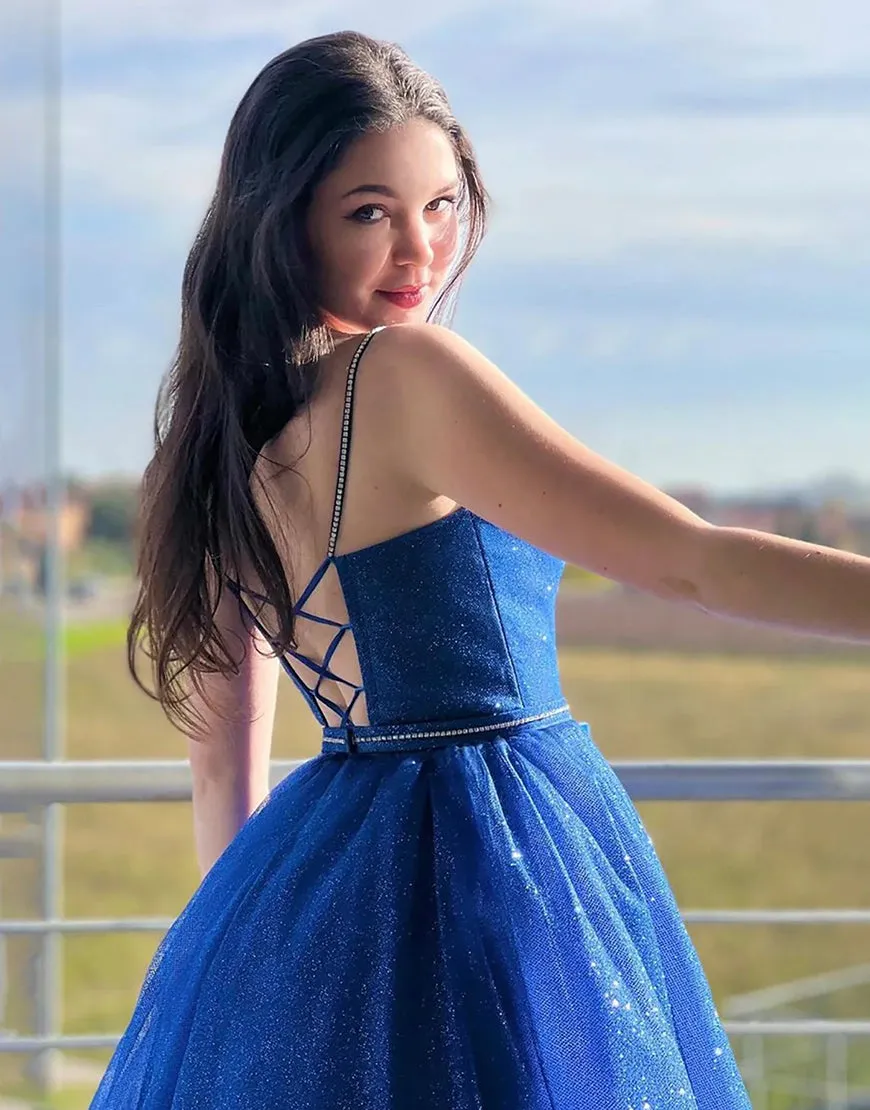 Tracy | Royal Blue Sparkly A Line Spaghetti Straps Long Prom Dress sold by KissProm product image thumbnail 2