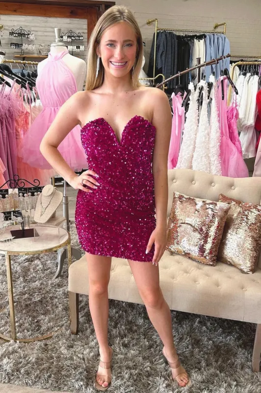 Magenta Sequin Strapless Mini Homecoming Dress sold by KissProm