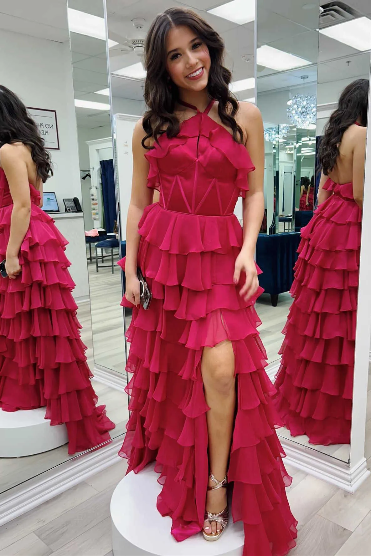 Halter Keyhole Ruffle Tiered Prom Dress with Slit sold by KissProm product image thumbnail 2