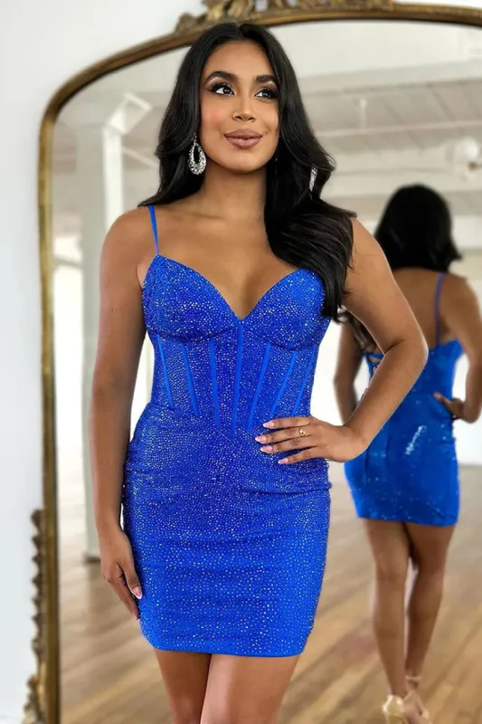 Cheryl | Bodycon V Neck Elastic Satin Short Homecoming Dresses with Beading sold by KissProm