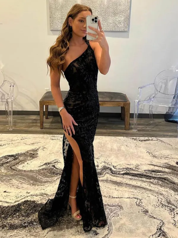 Mermaid One Shoulder Lace Prom Dress with Silt sold by KissProm