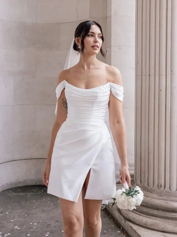 Elody | Off-the-Shoulder Short Satin Cowl Neck Simple Formal Wedding Dress With Slit sold by KissProm